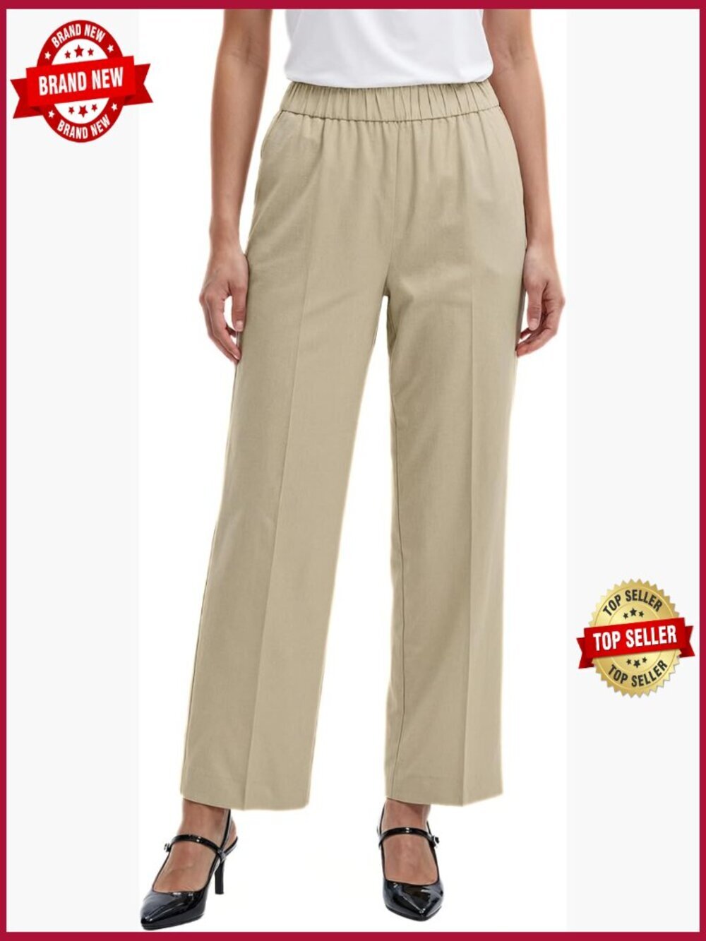 Pull on Straight Ankle Slash Pocket Pant - Linen Blend, Mid Rise, Regular Fit,